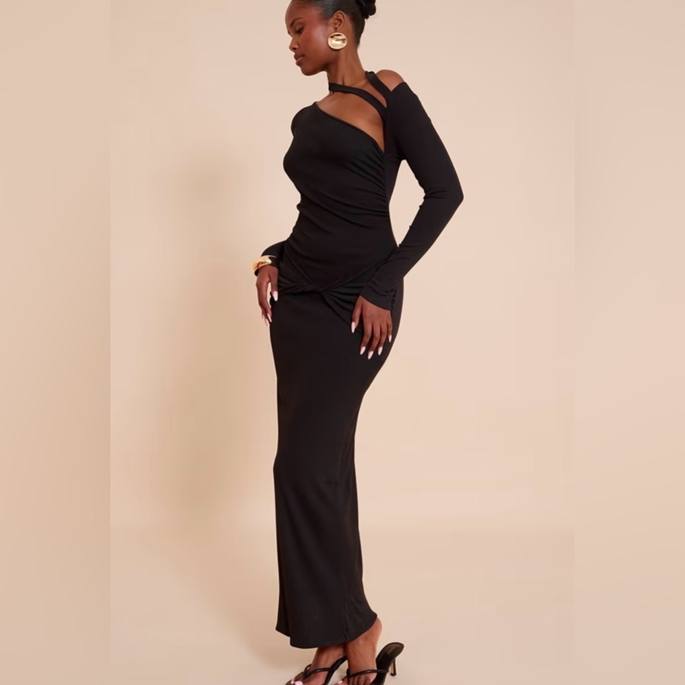Black Burnout Mesh Ruched Asymmetric Maxi Dress